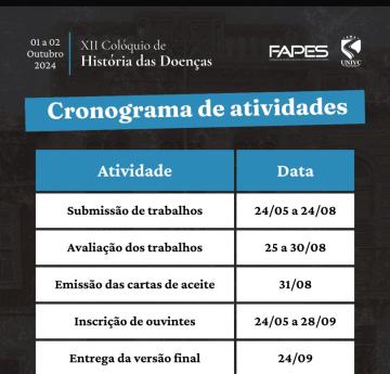 Cronograma de atividades - XII Colóquio de História das Doenças